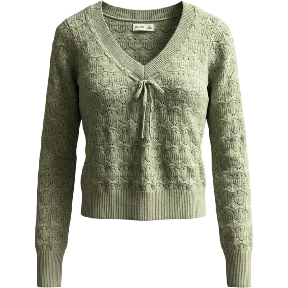 Hollister‎ Y2K Sweater Womens M Green Open Knit Fitted Cropped V Neck Coquette